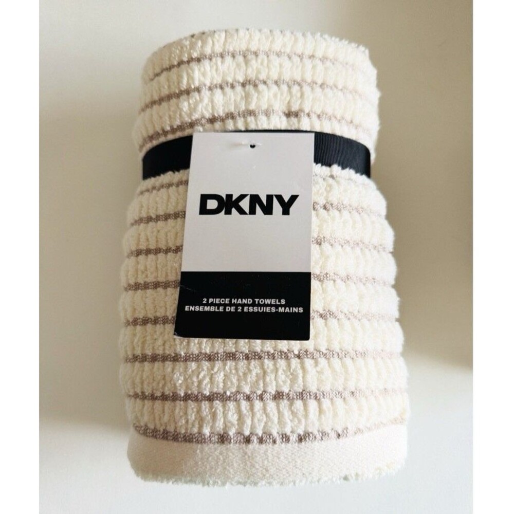 DKNY Hand Towels Set of 2 Ivory Gray Stripe Textured Cotton 16x28 Super Soft